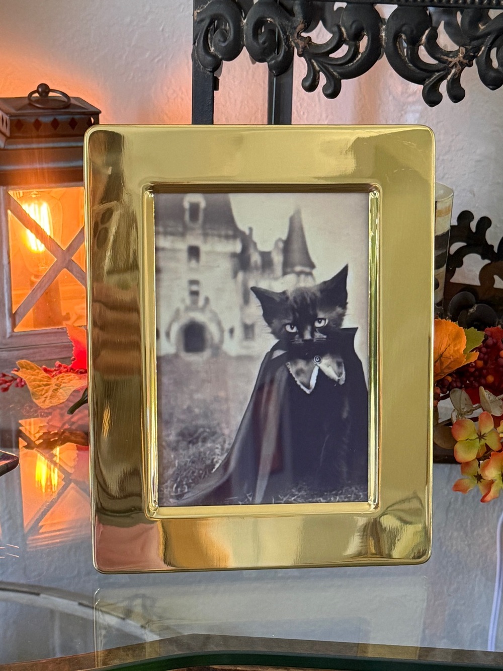 Vintage Brass Frame with Black Cat Halloween Print